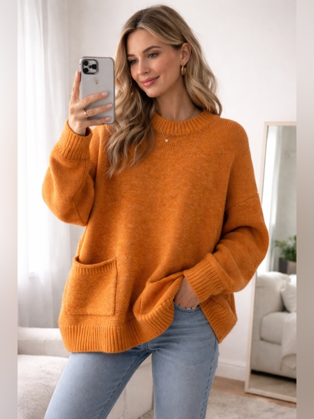 MNG Orange Chunky Knit Pullover Sweater Oversized Crew Neck Pockets